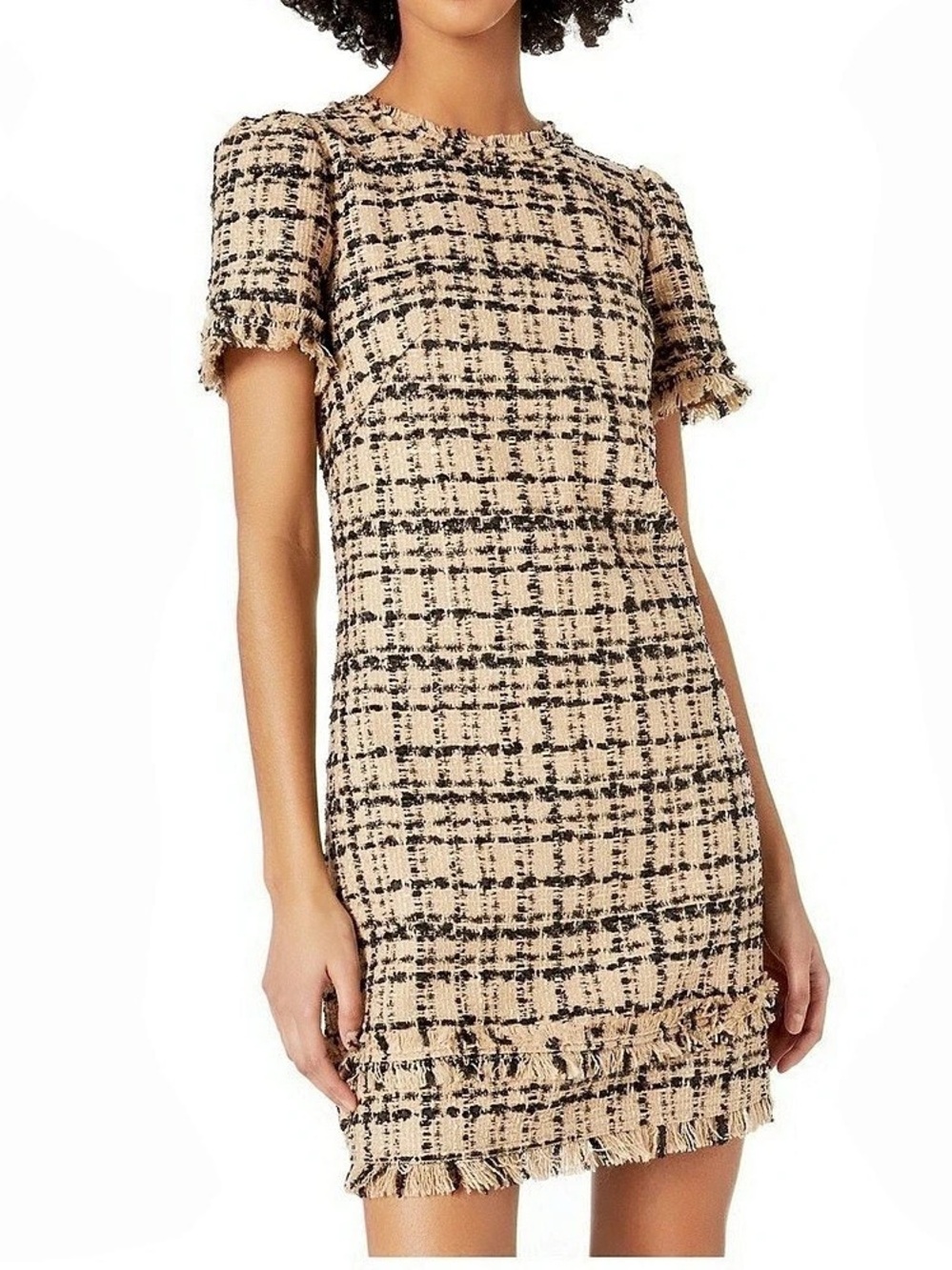 Kate Spade Plaid Tweed Mini Dress in Beige, Black & Gold Size 0 Like New